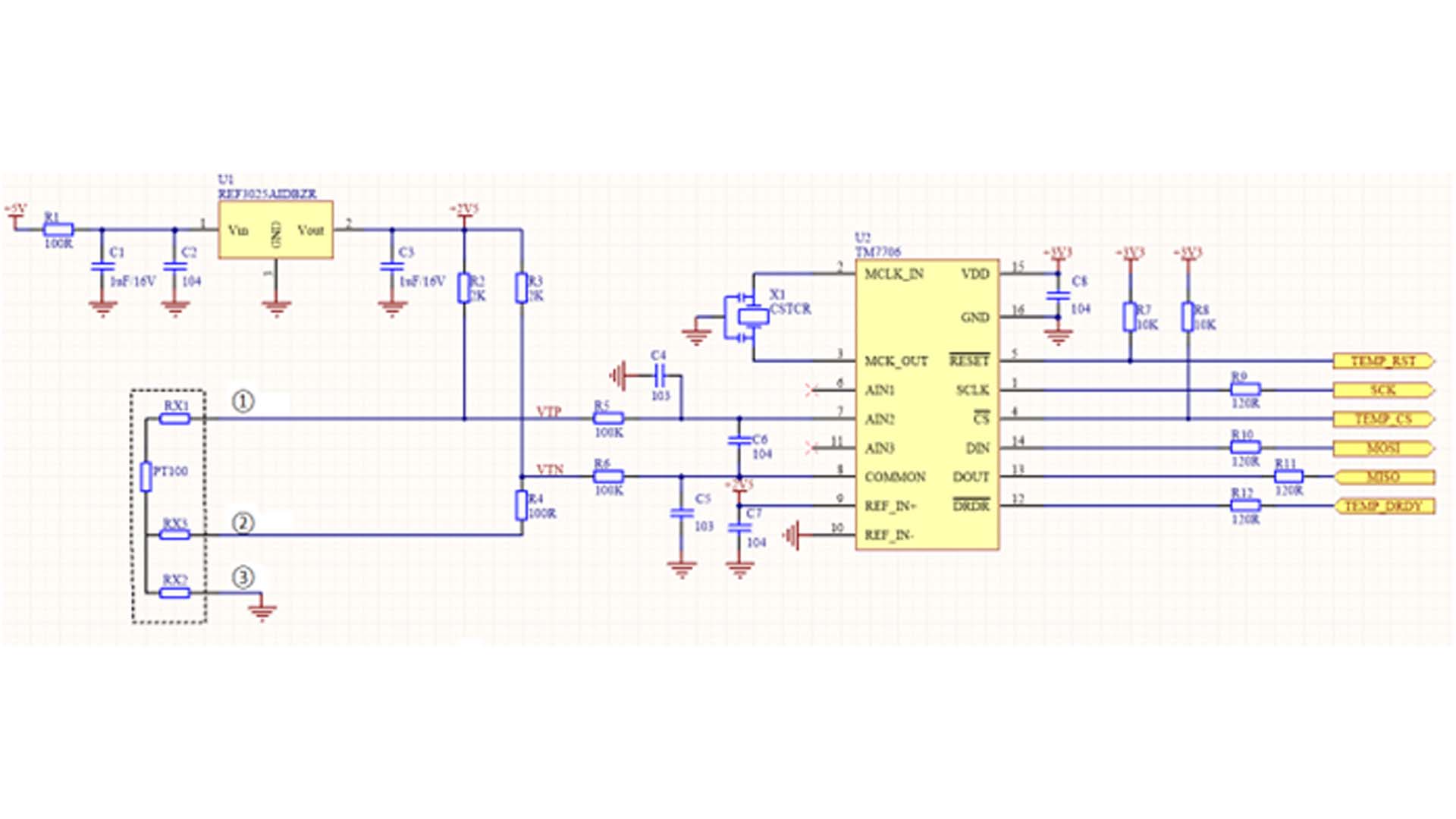 Projeto de um circuito de medição de temperatura de três fios alimentado por uma fonte de tensão constante.