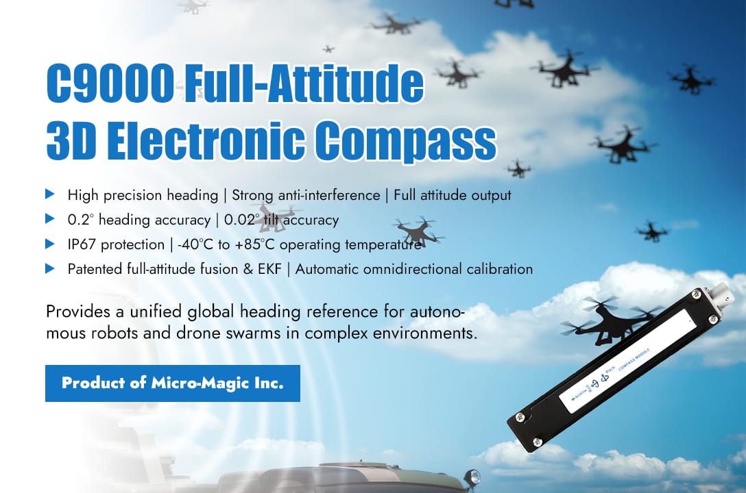 A bússola eletrônica 3D Full-Attitude fornece uma referência de direção global unificada para robôs autônomos e enxames de drones.