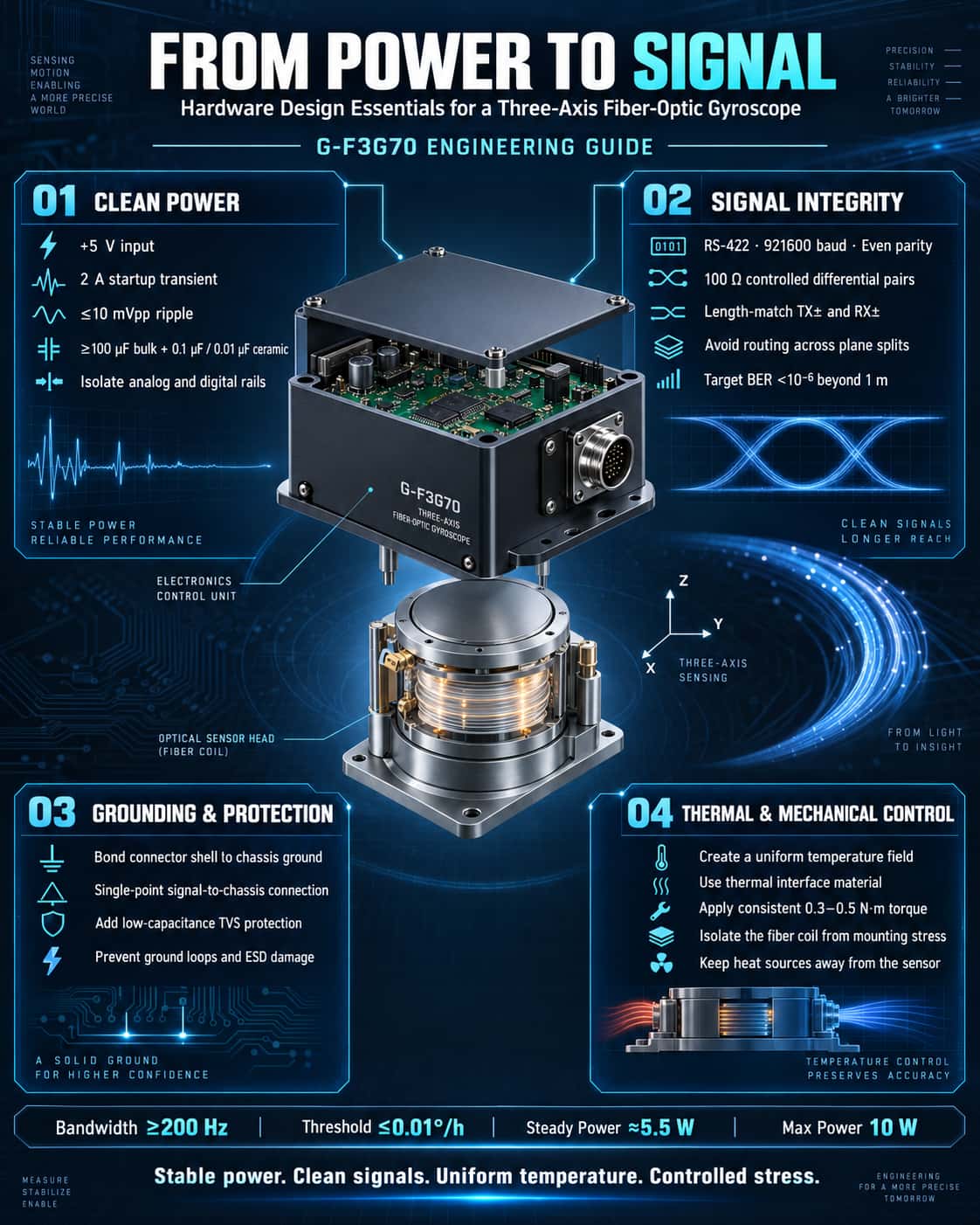Da fonte de alimentação aos sinais: Considerações de projeto de hardware e insights de engenharia para giroscópios de fibra óptica triaxiais