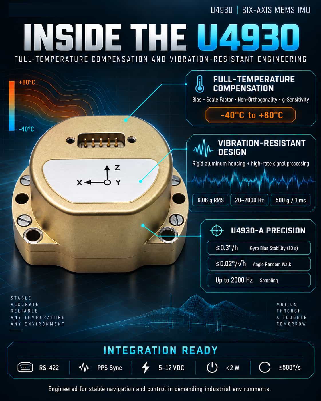 Desconstruindo o U4930: Uma análise técnica aprofundada das principais tecnologias de uma IMU MEMS de alta precisão — com compensação total de temperatura e design resistente a vibrações.